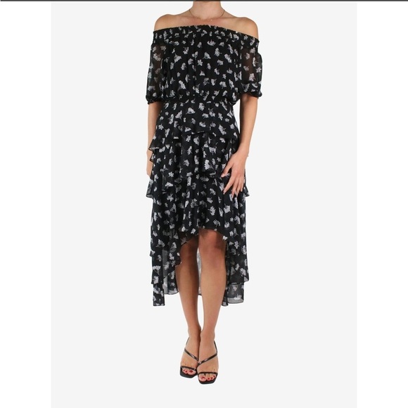 Maje Floral Off Shoulder Hi Low Black White Asymmetrical Midi Dress US M l FR 38 - Picture 3 of 14